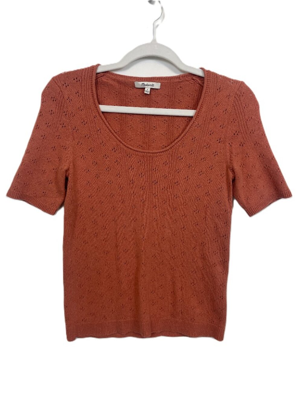 Madewell Pointelle Wilford Short Sleeve Sweater Knit Top Rust Terracotta Size: S